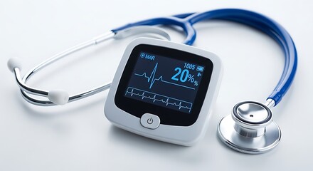 Digital vital signs monitor and stethoscope on a white surface for medical check