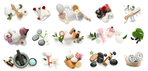 Set of many spa supplies on white background