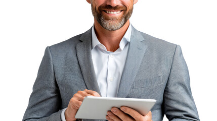 Focused Professional with Tablet: A poised professional, adorned in a sophisticated gray suit, engrossed in his digital tablet, embodying both modernity and confidence. 
