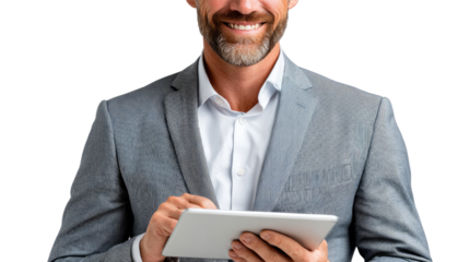 Focused Professional with Tablet: A poised professional, adorned in a sophisticated gray suit, engrossed in his digital tablet, embodying both modernity and confidence.