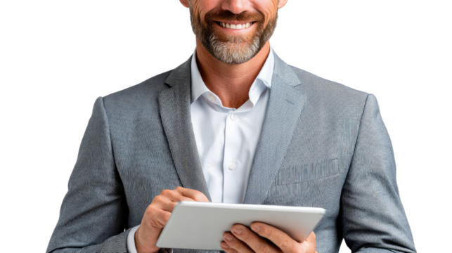 Focused Professional with Tablet: A poised professional, adorned in a sophisticated gray suit, engrossed in his digital tablet, embodying both modernity and confidence. 