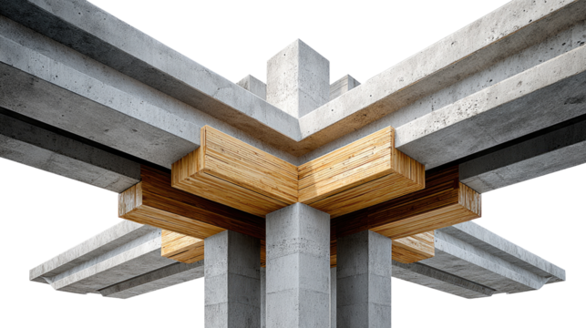 Architectural Harmony: An artistic composition showcases the seamless fusion of concrete and wooden elements in an architectural marvel, highlighting the beauty of structural integrity.
