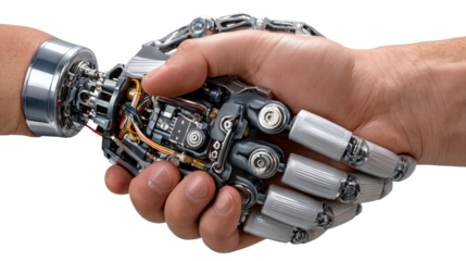 Technological Integration: A close-up shot of a human and robotic hand engaged in a firm handshake, symbolizing the fusion of technology and human connection.