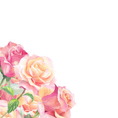 Corner frame of roses. Watercolor handmade illustration. For packaging design, cards, cover, prints, product labels and fabric. 