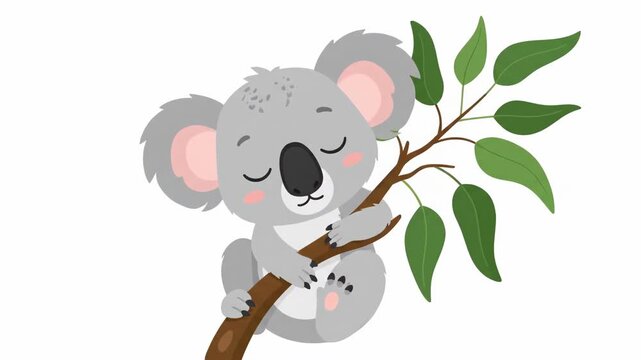 Cute animated cartoon koala bear sleeping on a eucalyptus branch.