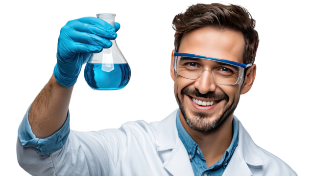 Scientific Discovery: A smiling scientist in a pristine lab coat and protective eyewear holds a flask containing a vibrant blue liquid, radiating expertise and the thrill of scientific exploration.
