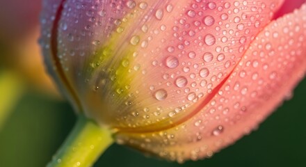 Close-up of a pink tulip bud covered in water droplets.