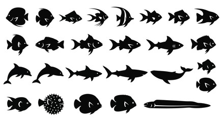 Vector art of diverse collection of fish silhouettes, featuring various species like sharks, dolphins, and tropical fish