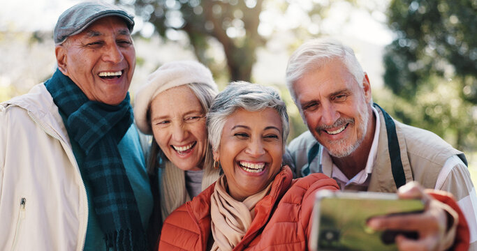 Senior friends, selfie and people at park for happy memory, laugh or group bonding together. Profile picture, elderly men and women outdoor for funny photo, social media update and post in retirement - Powered by Adobe