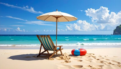 Serene Beach Escape - Chair, Umbrella, and Turquoise Waters.