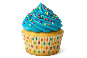 Cupcake with vibrant blue frosting and colorful sprinkles, celebrating sweetness and special occasions on a transparent background