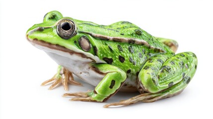 Fototapeta premium Vibrant green frog isolated on a clean white background, side view