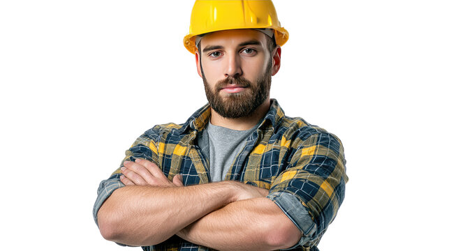 Construction worker portrait: A confident construction worker in a yellow hard hat and a plaid shirt stands with arms crossed, exuding strength and competence.