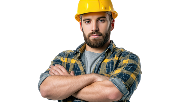 Construction worker portrait: A confident construction worker in a yellow hard hat and a plaid shirt stands with arms crossed, exuding strength and competence.