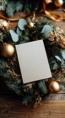 Elegant Christmas composition with golden baubles, pine branches, and a blank white card nestled among festive winter greenery on rustic wooden background