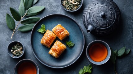 Delicious baklava pastries with tea and mint leaves on a dark background