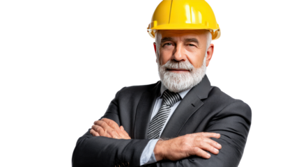 Confident Engineer's Portrait: A seasoned engineer, adorned in a yellow hard hat and formal attire, radiates confidence and expertise as he stands with arms crossed.