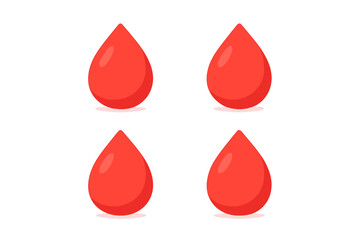 Four bright red liquid drops isolated on a clean white background