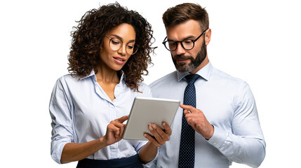 Business Collaboration: Two professionals focused, heads together, examining a tablet with intent, symbolizing collaboration, data analysis, and strategy.