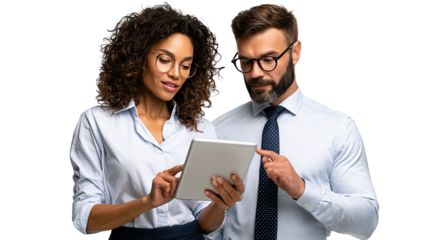 Business Collaboration: Two professionals focused, heads together, examining a tablet with intent, symbolizing collaboration, data analysis, and strategy.