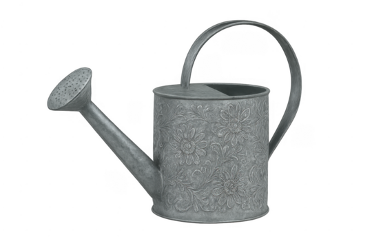 Galvanized metal watering can with floral embossed pattern