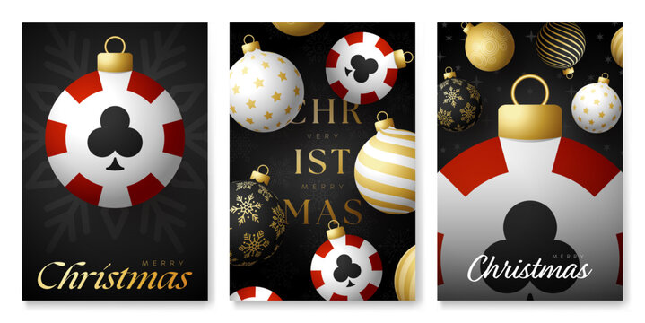Poker casino Christmas and New Year posters. Golden Luxury xmas design for xmas party. Minimal art banner, poster, cover templates. Vector illustration