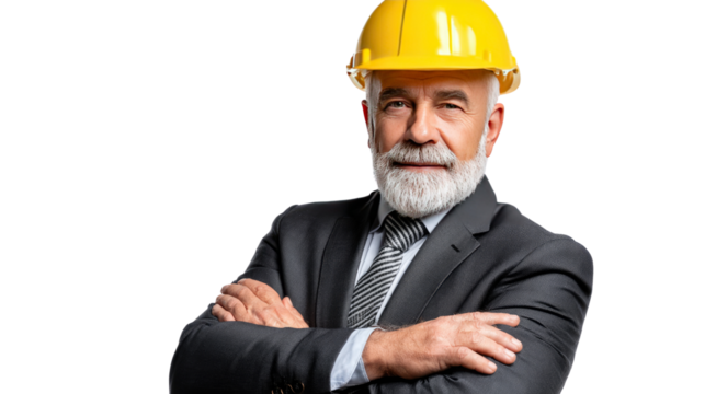 Confident Engineer's Portrait: A seasoned engineer, adorned in a yellow hard hat and formal attire, radiates confidence and expertise as he stands with arms crossed.