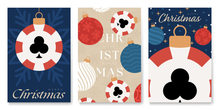 Poker casino Christmas and New Year cards. Set of modern Christmas posters. Flat xmas design for xmas party invitation. Vector illustration Minimal art banner, poster, cover templates
