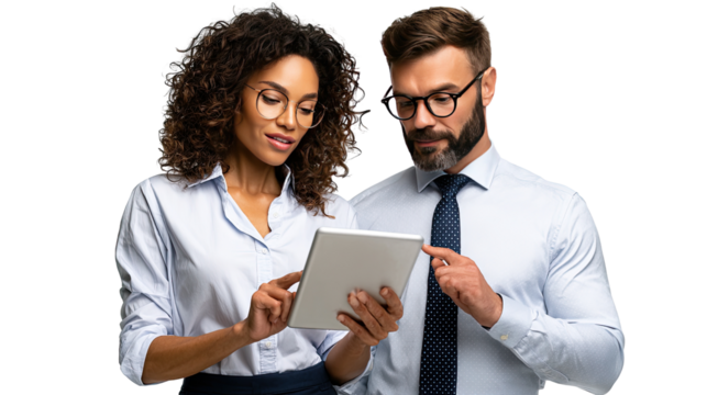 Business Collaboration: Two professionals focused, heads together, examining a tablet with intent, symbolizing collaboration, data analysis, and strategy.