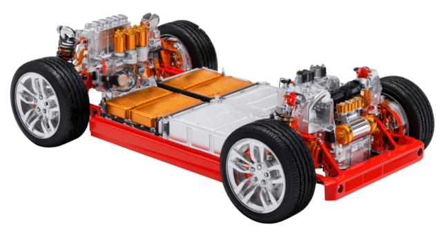 Electric Vehicle Chassis: An intricate view of an electric vehicle chassis, showcasing its core components. revealing innovation in motion