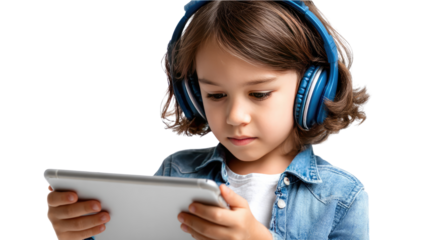 Kid's Digital World: A young child engrossed in using a tablet, wearing headphones, highlighting a contemporary leisure and technology-driven childhood.