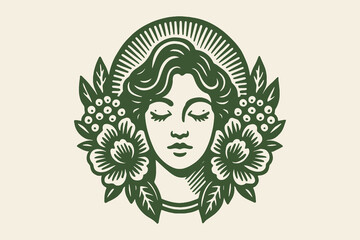 Floral woman emblem — bold engraving style vector