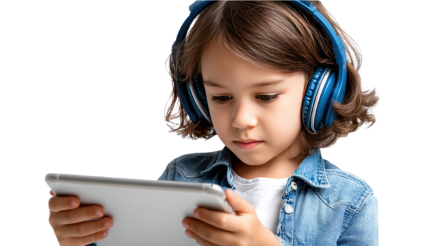 Kid's Digital World: A young child engrossed in using a tablet, wearing headphones, highlighting a contemporary leisure and technology-driven childhood.