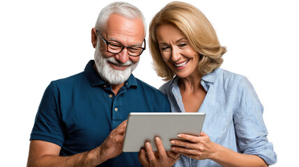 Digital Engagement: An older couple shares a moment, engrossed in a tablet, possibly video calling their grandchildren, and enjoying the convenience of technology in their senior years.