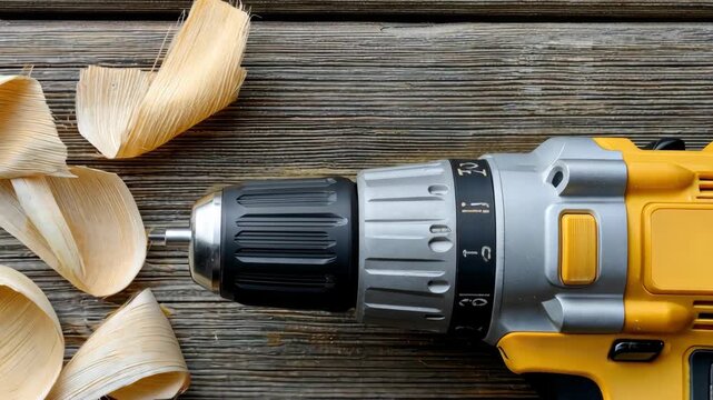Explore the power and versatility of a cordless drill while woodworking at a workshop with shavings flying around