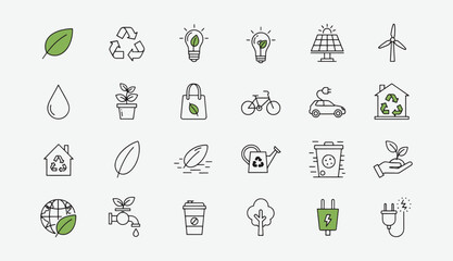 Environment and Ecology Line Icons Set – Green Planet, Renewable Energy, and Sustainable Development Outline Vector Pack