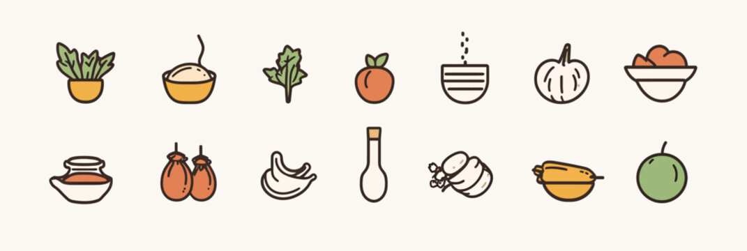 Set of colorful minimalist vector food ingredient icons including herbs, spices, fruits, vegetables, and cooking essentials in flat outline style