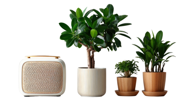 Harmony of Sound and Nature: A modern audio speaker is elegantly juxtaposed with a collection of lush, green potted plants, creating a serene and stylish tableau.