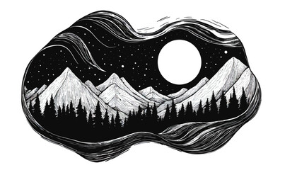 Monochrome black and white vector illustration of mountain landscape with pine forest under full moon and starry night sky in minimalist engraving style
