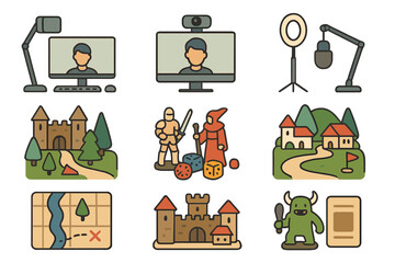 Fantasy role playing game streaming icons and adventure elements collection