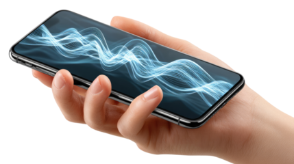 Digital Echoes: A close-up view of a hand delicately holding a sleek smartphone, the screen alive with a luminous display of abstract wave patterns, representing connectivity, technology.