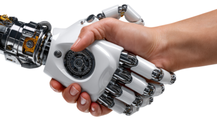 Human and Machine Alliance: A striking handshake between a human hand and a robotic hand, symbolizing the fusion of technology and humanity, with a focus on future collaboration. 