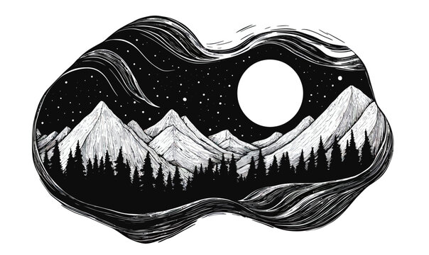 Monochrome black and white vector illustration of mountain landscape with pine forest under full moon and starry night sky in minimalist engraving style