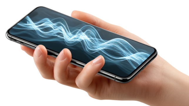 Digital Echoes: A close-up view of a hand delicately holding a sleek smartphone, the screen alive with a luminous display of abstract wave patterns, representing connectivity, technology.