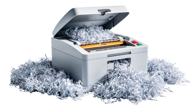 Paper Shredder in Action: A modern paper shredder diligently tears through documents, ensuring confidentiality and security, surrounded by a pile of shredded paper.