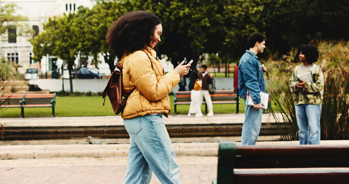 College, walking and woman with phone for social media, networking and online message on campus. University, academy and student on smartphone for connection, internet or website on journey to class