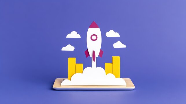 Creative rocket launch concept with colorful clouds and buildings on a vibrant purple background for marketing and innovation themes