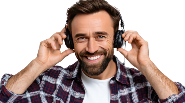 Harmony in Audio: A portrait of a man with joyful grin as he enjoys immersive audio through his headphones.