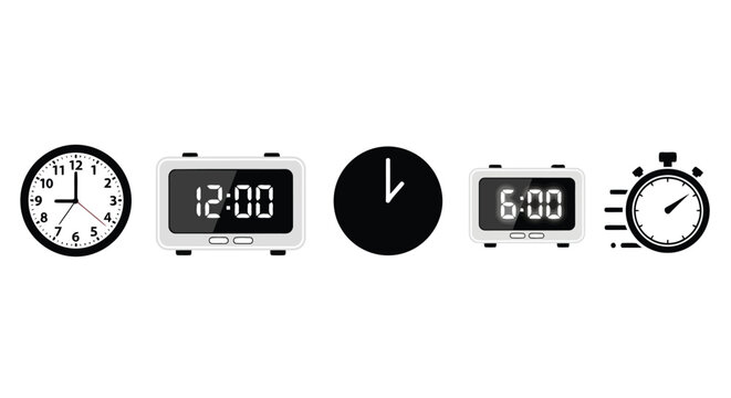 Vector art of collection of various clock icons, including analog, digital, and stopwatch designs, representing time, deadlines, and punctuality