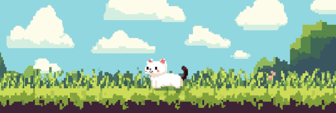 pixel art white cat walking on grass field with blue sky and clouds retro style video game background digital illustration vector